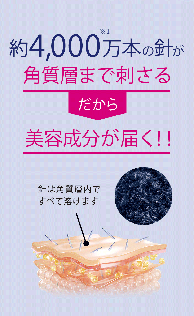 約4,000万本の針が角質層まで刺さる。だから、美容成分が届く！！