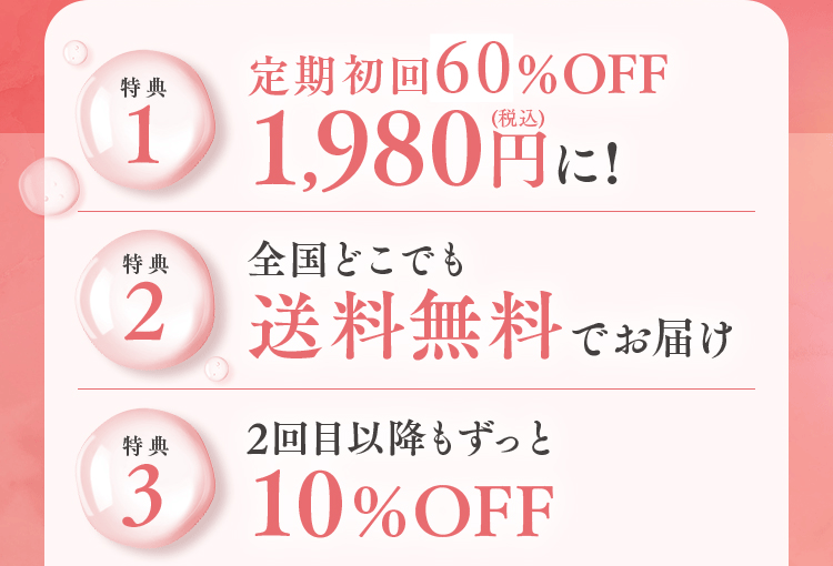 「定期初回60%OFF 1,980円に！」「全国どこでも送料無料でお届け！」「2回目以降もずっと10%OFF！」